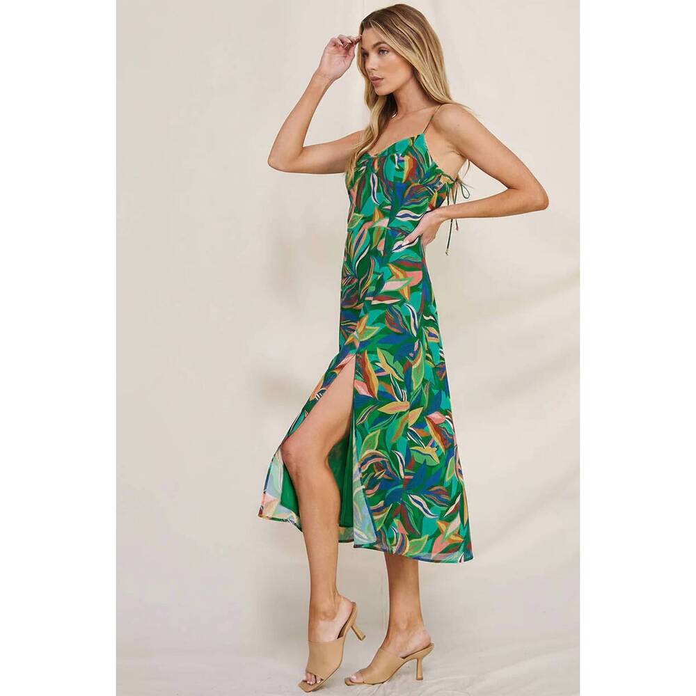 NEW ALLIE ROSE hailey tropical slit hem midi dress in emerald chiffon - Picture 2 of 3
